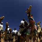 Simpatizantes del Partido del Congreso Nacional de Sudán montan en camello para asistir a una reunión de apoyo al partido de cara a las elecciones de 2015 en Al Fashir (Sudán).