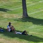 Unos j&oacute;venes se protegen a la sombra en un parque de Lleida, este lunes en que la primera ola de calor de 2022.