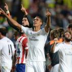 Real Madrid's Raphael Varane celebrates after team-mate Marcelo scores his side's third goal