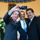 Obama poses for a selfie with Bill Nye (left) and Neil DeGrasse Tyson in the Blue Room prior to the White House Student Film Festival, Feb. 28, 2014.