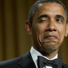 Obama winks as he tells a joke about his place of birth during the White House Correspondents' Association Dinner in Washington, D.C., April 28, 2012.