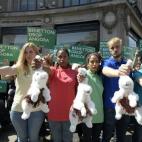 Activistas de la organización Personas a favor del Trato Ético a los Animales (PETA en inglés) protestan mientras sostienen conejos de peluche y pancartas en las que se lee 'Benetton: deja la angora' junto a una tienda de la firma de ropa en ...