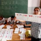 Un hombre muestra una papeleta electoral turca.