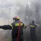 Los bomberos intentan extinguir las llamas en el suburbio de Karea en Atenas (Grecia).
