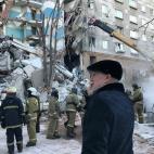 MAGNITOGORSK, RUSSIA - DECEMBER 31, 2018: Chelyabinsk Region Governor Boris Dubrovsky at the site of an apartment building collapse. A suspected domestic gas blast caused a partial collapse of a residential building at 164 Karla Marksa Prospekt ...