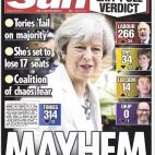 &quot;Mayhem&quot; significa en ingl&eacute;s causar problemas, caos, tumulto. El titular es un juego de palabras entre el resultado pol&iacute;tico de unas elecciones tan ajustadas y el apellido de la principal damnificada, la primera ministra ...