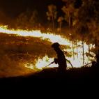 Un bombero trata de extinguir el fuego en Paredes, Vila de Rei.