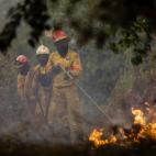 Tres bomberos colaboran para apagar las llamas en Cioga do Campo, Cantanhede (Coimbra).