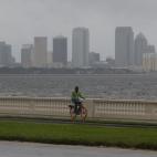 El skyline&nbsp;de la ciudad de Tampa al fondo mientras un hombre pasea en bicicleta por&nbsp;Bayshore Boulevard, el 10 de septiembre de 2017.
