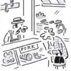 Otra viñeta, esta vez en The Telegraph, donde una señora entra a una charcutería y el tendero le pregunta si quiere cerdo para la comida del domingo o para un ritual universitario.