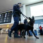 Un polic&iacute;a y su perro especialista en explosivos, en el aeropuerto bruselense.