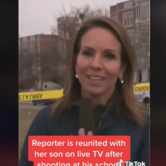 Una reportera interrumpe un directo para abrazar a su hijo después de sufrir un tiroteo en su colegio