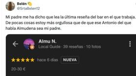 Comparte orgullosa la reseña que han dejado unos clientes en el bar que trabaja su padre