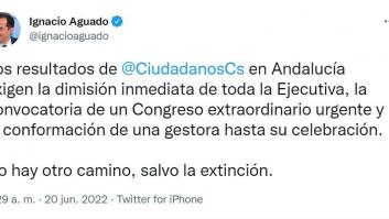 Arrimadas responde a este tuit de Aguado pidiendo su dimisión