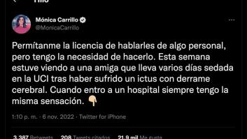 El emotivo hilo de Twitter de Mónica Carrillo tras su visita a la UCI de un hospital
