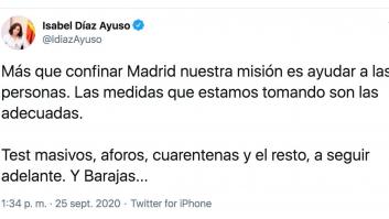 Críticas a Ayuso por su reacción en Twitter a las nuevas medidas en Madrid: mira el final del tuit