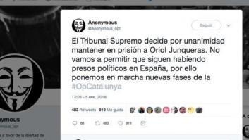 Anonymous anuncia nuevas acciones por la decisión del Supremo de mantener en prisión a Junqueras