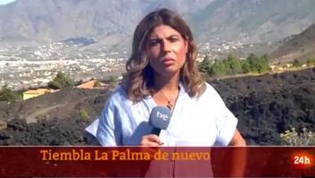 El susto de una reportera de RTVE en pleno directo por un temblor en La Palma: su cara lo dice todo