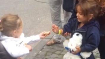 Esta niña alemana da una lección de solidaridad compartiendo sus caramelos con una niña refugiada