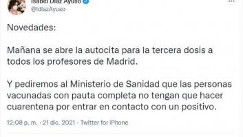 Mónica García responde a este tuit de Ayuso con un cartel visto en una farmacia