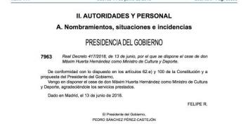 El BOE publica el cese de Màxim Huerta y el nombramiento de José Guirao como Ministro de Cultura y Deporte