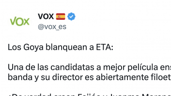 Revuelo por este tuit de Vox 24 horas antes de los Premios Goya