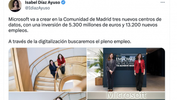 Ayuso presume en Twitter de una inversión de Microsoft en Madrid que el Gobierno central firmó hace meses