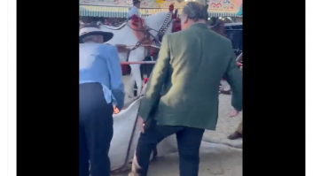 Dos hombres patean a un caballo que cayó exhausto en la Feria de Abril de Sevilla