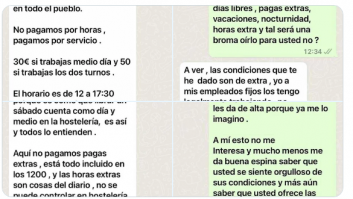 Pide trabajo en el bar del pueblo, le dice las condiciones y acaba poniendo en su sitio al hostelero