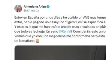 Almudena Ariza pide un desayuno ligero en un AVE y no da crédito a lo que le traen