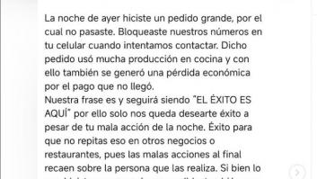 Hace un pedido para llevar, no pasa a recogerlo y el restaurante le manda este mensaje: una LECCIÓN