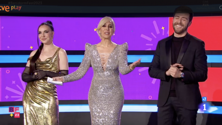Inés Hernand, Mónica Naranjo y Rodrigo Vázquez, presentadores del Benidorm Fest 2023.