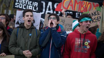 MADRID, SPAIN - 2019/12/06: Activists shout slogans during the demonstration.
Thousands of people from all over Europe protest in Madrid against COP25, climate change and to demand measures to solve global warming. Spanish actor Javier Bardem an...