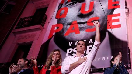 MADRID, SPAIN - APRIL 28: Spains incumbent Prime Minister and Spanish Socialist Workers' Party (PSOE) leader Pedro Sanchez greets supporters outside of the PSOE headquarters on April 28, 2019 in Madrid, Spain. (Photo by Burak Akbulut/Anadolu Age...