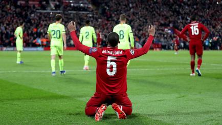 Liverpool's Georginio Wijnaldum celebrates after the final whistle Liverpool v Barcelona - UEFA Champions League - Semi Final - Second Leg - Anfield 07-05-2019 . (Photo by  Martin Rickett/EMPICS/PA Images via Getty Images)