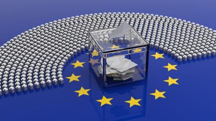 EU election. European Union parliament seats and a voting box on EU flag background, banner. 3d illustration