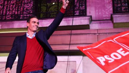 Spain's acting Prime Minister and Socialist Party leader (PSOE) candidate Pedro Sanchez reacts to supporters during Spain's general election at party headquarters in Madrid,  Spain, November 10, 2019. REUTERS/Sergio Perez