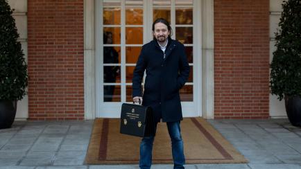MADRID, SPAIN - JANUARY 14: Spain's Deputy Prime Minister for Social Rights and Spain's 2030 Agenda Pablo Iglesias poses for photographers before his first council meeting at Moncloa Palace on January 14, 2020 in Madrid, Spain. The Spanish Socia...