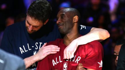 TORONTO, ON - FEBRUARY 14:  Pau Gasol #16 of the Chicago Bulls and the Eastern Conference and Kobe Bryant #24 of the Los Angeles Lakers and the Western Conference look on late in the game during the NBA All-Star Game 2016 at the Air Canada Centr...
