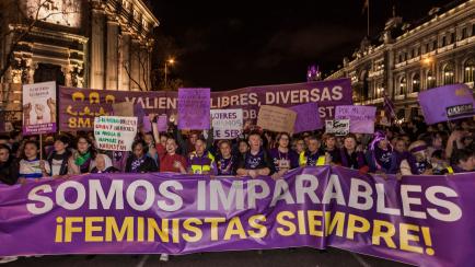 Front of the feminist demonstration during the celebrations of the International Woman´s Day in Madrid. (Photo by Celestino Arce/NurPhoto via Getty Images)