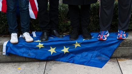 Pro-Brexit supporters trample over the EU flag in Parliament Square as they celebrate Brexit day on 31 January, 2020 in London, England. Today, Britain formally leaves the European Union at 11 pm after 47 years of membership, and enter an 11-mon...