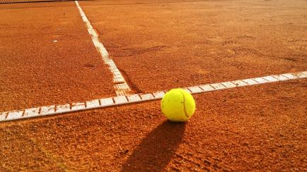 Close up of tennis ball on the clay court service line.
