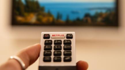 Ortigia, Italy - August 23, 2018: A hand holding television remote control with dedicated Netflix button in front of defocused smart tv