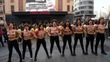 EDITORS NOTE: Graphic content / Activists of women's rights organisation Femen protest in Madrid on February 14, 2020 during an action to denounce violence against women on Valentine's day. (Photo by OSCAR DEL POZO / AFP) (Photo by OSCAR DEL POZ...