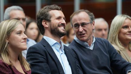 VITORIA, SPAIN - NOVEMBER 01: The president of  PP and candidate of this party to the general elections of 10N, Pablo Casado (2L), and the president of the Basque PP, Alfonso Alonso (3L), are seen talking during a Partido Popular electoral act o...
