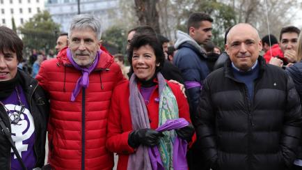 MADRID, SPAIN - MARCH 08: (L-R) The Minister of the Interior, Fernando Grande-Marlaska, the Minister of Education, Isabel Celaá, and the Socialist deputy in the Congress of Deputies, Rafael Simancas, in the moments before the demonstration on 8...