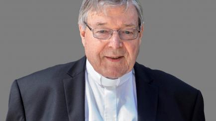 Cardinal George Pell headshot, arrives at the County Court in Melbourne, Australia, graphic element on gray