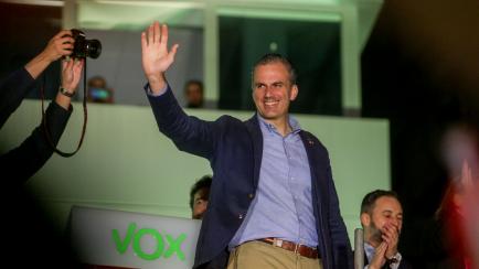 MADRID, SPAIN - NOVEMBER 10: The number two of Vox to the Parliament by Madrid, Javier Ortega Smith, is seen celebrating the results during the 10N election night where the party followed election results on November 10, 2019 in Madrid, Spain. S...