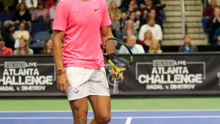 DULUTH, GA - MARCH 02: Rafael Nadal smiles during change over on March 02, 2020 at Infinite Energy Arena in Duluth, GA.  (Photo by David J. Griffin/Icon Sportswire via Getty Images)