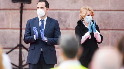MADRID, SPAIN - MAY 2:The Vice President of the Community of Madrid, Ignacio Aguado and the former President of the Community of Madrid, Esperanza Aguirre, are seen during the tribute to the heroes of the coronavirus held at the Puerta del Sol o...